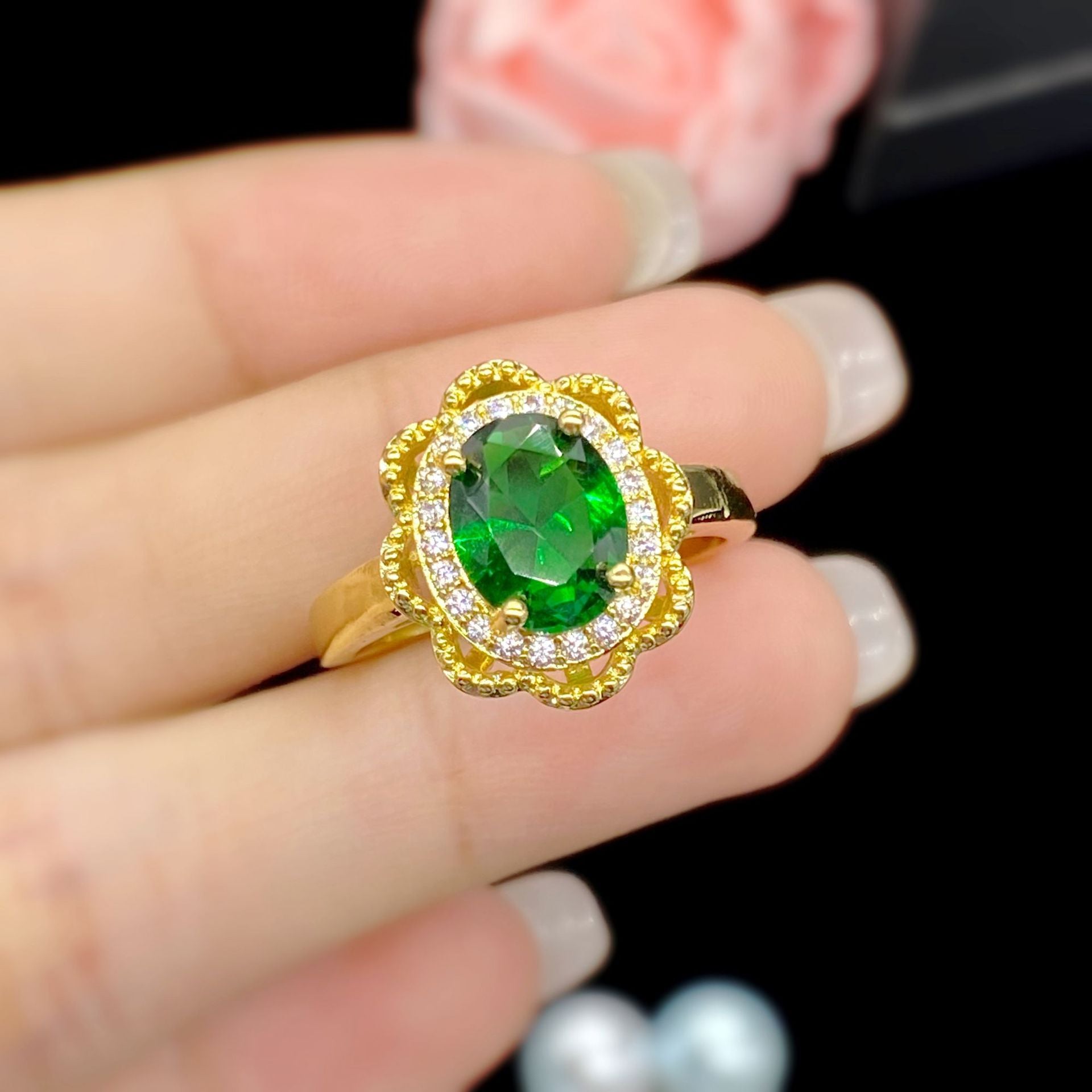 Hollowed Out Flower Shape Simulation Emerald Tourmaline Color Treasure Ring Female Yellow Gold - 0 - Bijou Her - Color - Size - 