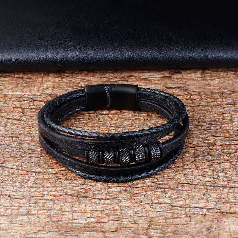 Stainless Steel Leather Braided Bracelets Genuine Leather Multi-layer Men's Jewelry - 0 - Bijou Her -  -  - 