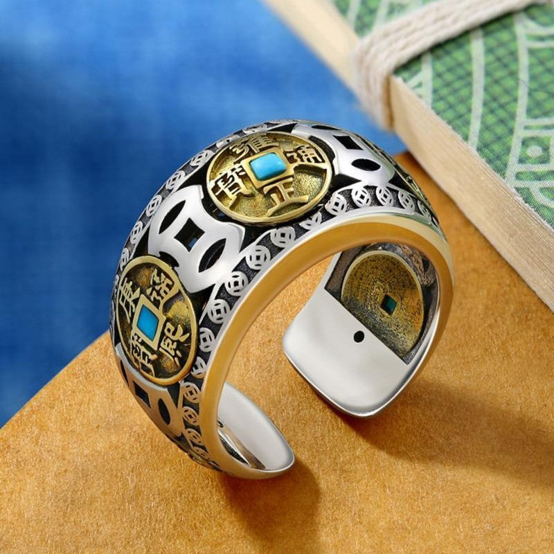 Rotatable Natural Turquoise Five Emperors Money Ring - 0 - Bijou Her -  -  - 