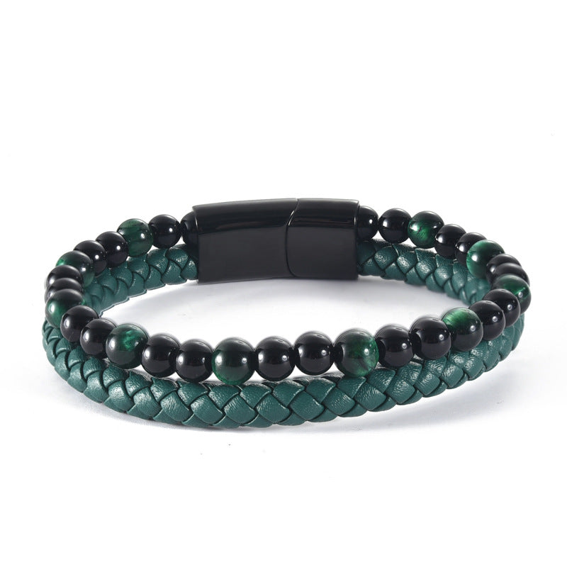 Men's Personality Stainless Steel Leather Bracelet Green Beads Braided Bracelet - 0 - Bijou Her - Color -  - 