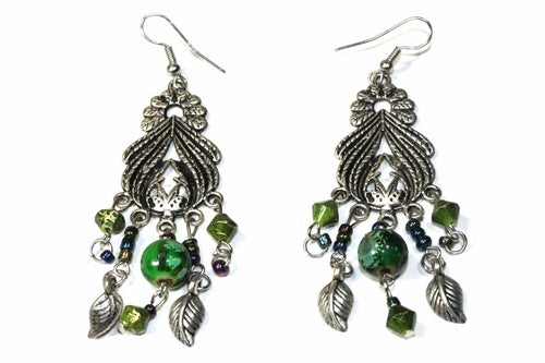 Marbled Bead Bohemian Earrings with Leaf Charms - 2 Colors Available - Earrings - Bijou Her - Color -  - 