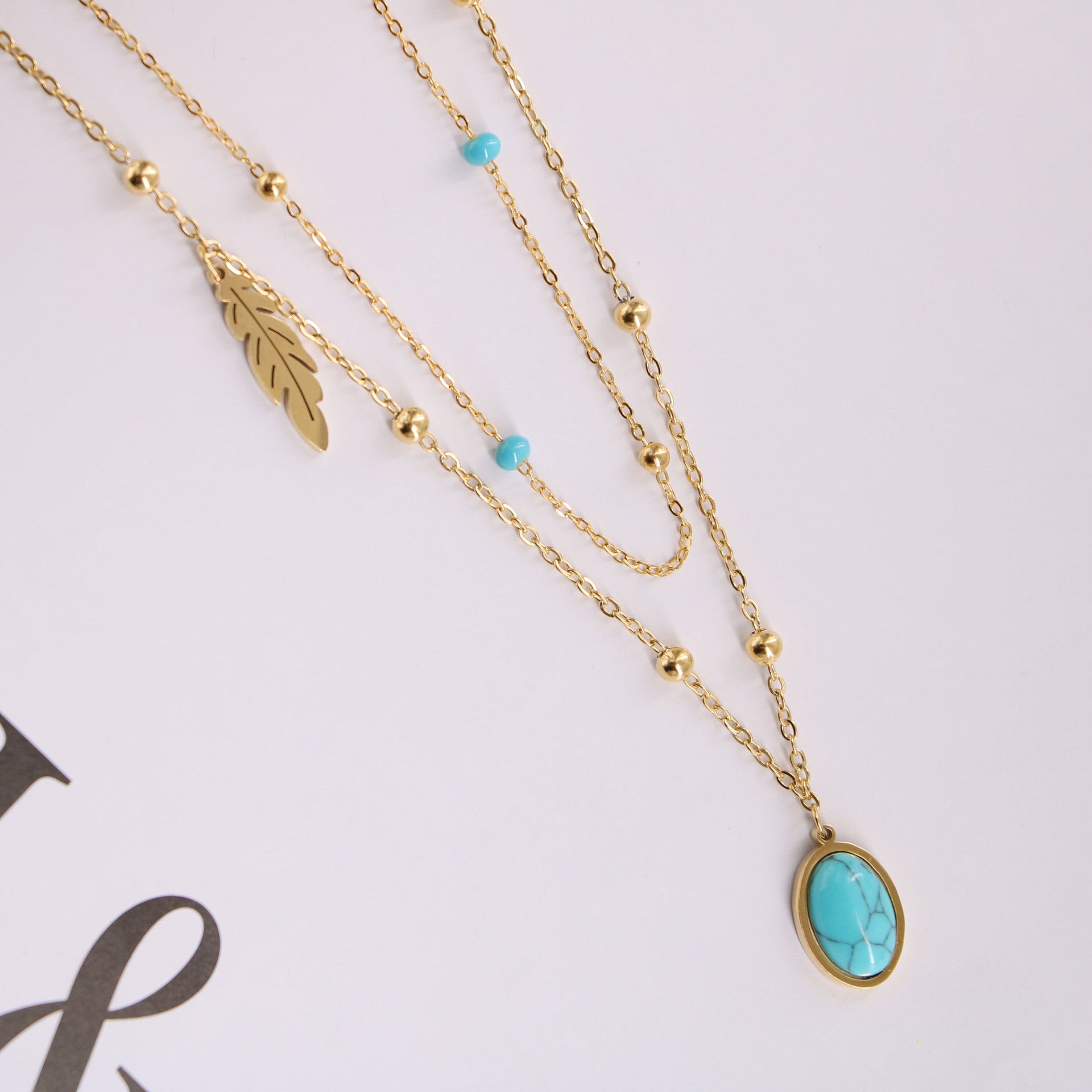 Natural Turquoise Oval Double Necklace Female - 0 - Bijou Her -  -  - 