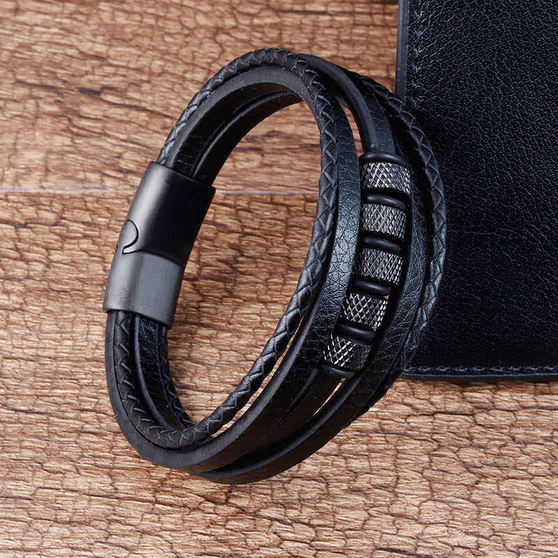 Stainless Steel Leather Braided Bracelets Genuine Leather Multi-layer Men's Jewelry - 0 - Bijou Her -  -  - 