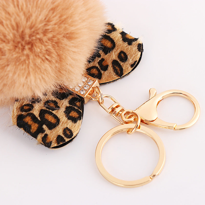 Leopard Bow Fur Ball Schoolbag Pendant Key Chain - 0 - Bijou Her -  -  - 