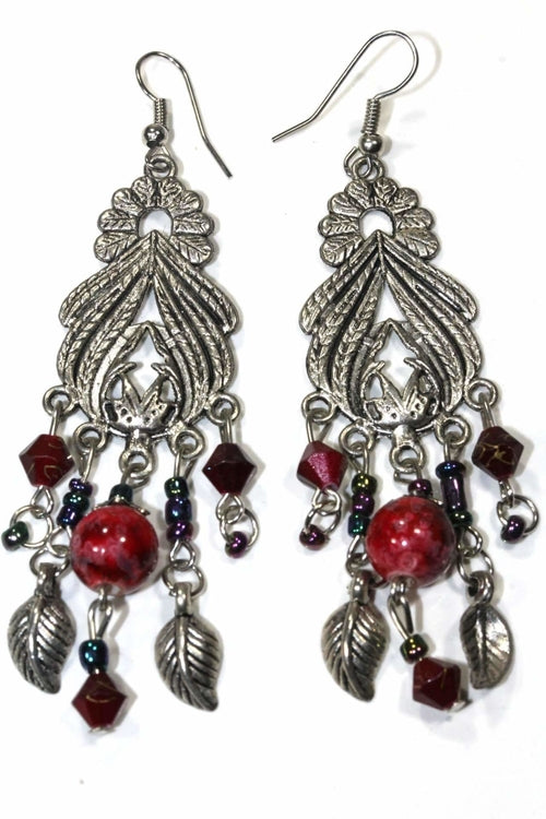 Marbled Bead Bohemian Earrings with Leaf Charms - 2 Colors Available - Earrings - Bijou Her - Color -  - 