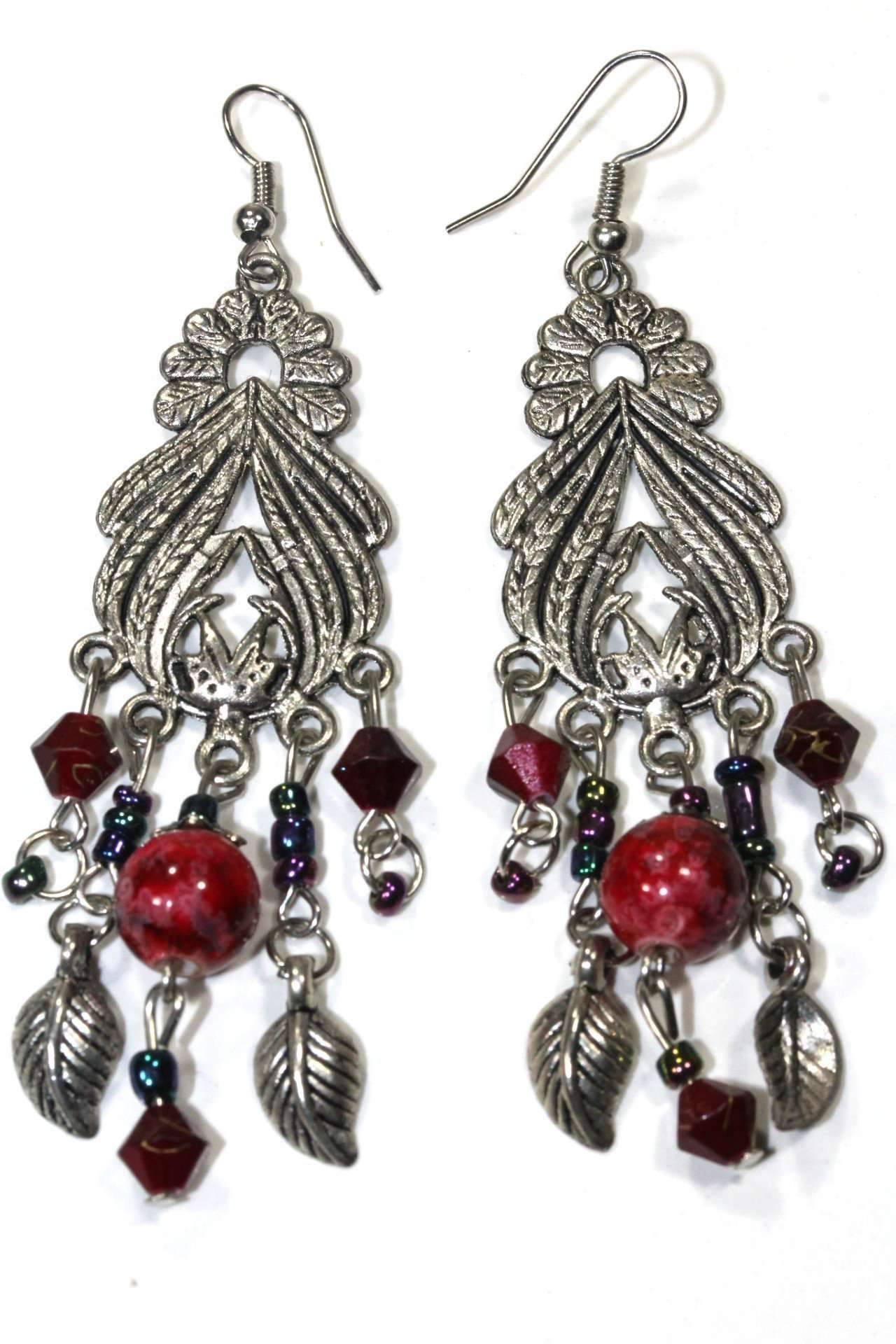 Marbled Bead Bohemian Earrings with Leaf Charms - 2 Colors Available - Earrings - Bijou Her -  -  - 