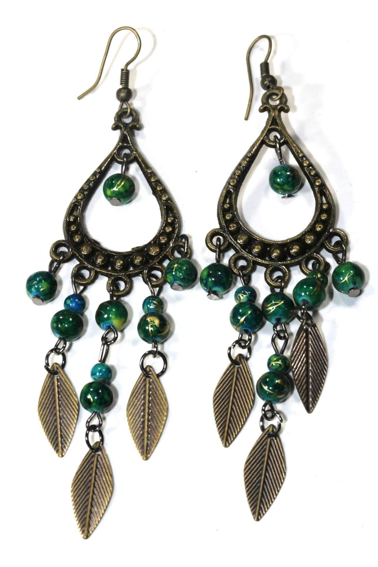 Leaf Charm Chandelier Earrings with Marbled Beads and Golden Specs - Limited Pieces Available - Earrings - Bijou Her -  -  - 