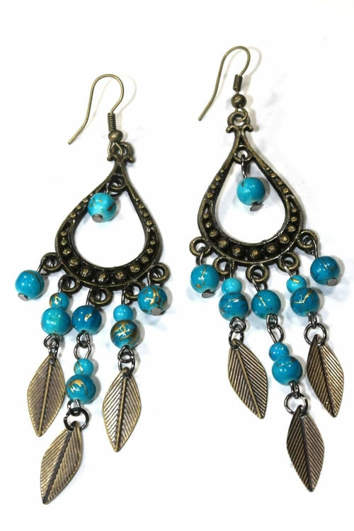 Leaf Charm Chandelier Earrings with Marbled Beads and Golden Specs - Limited Pieces Available - Earrings - Bijou Her - Color -  - 