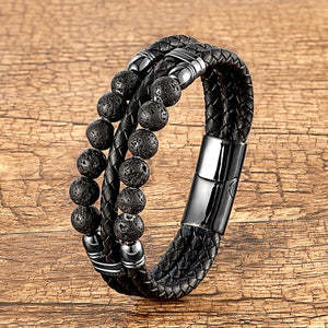 Men's Leather Rope Beaded Bracelet Fashion Three Layers - 0 - Bijou Her -  -  - 