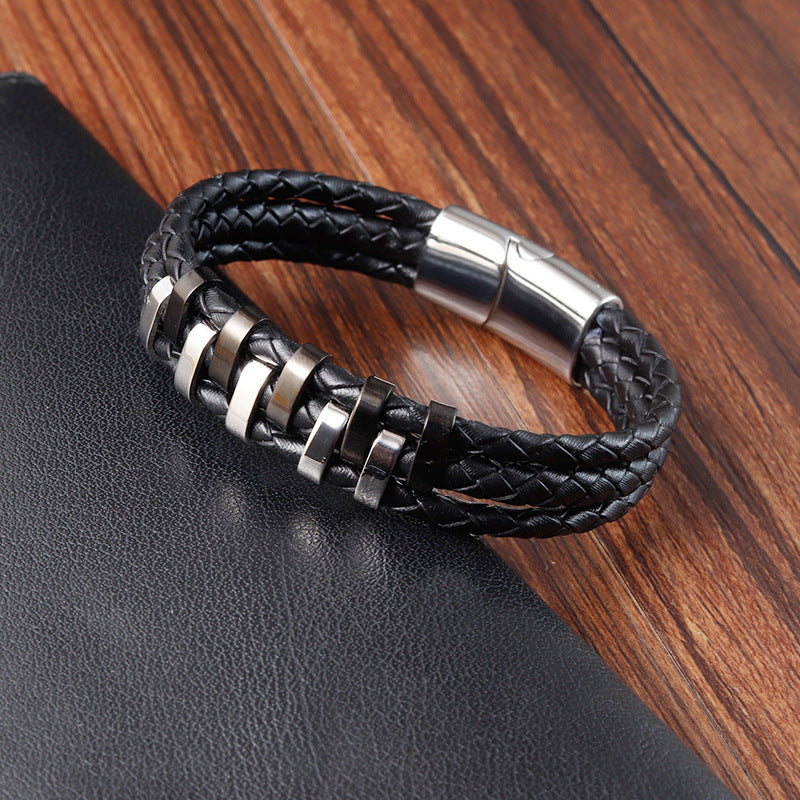 Stainless Steel Leather Woven Bracelet - 0 - Bijou Her -  -  - 