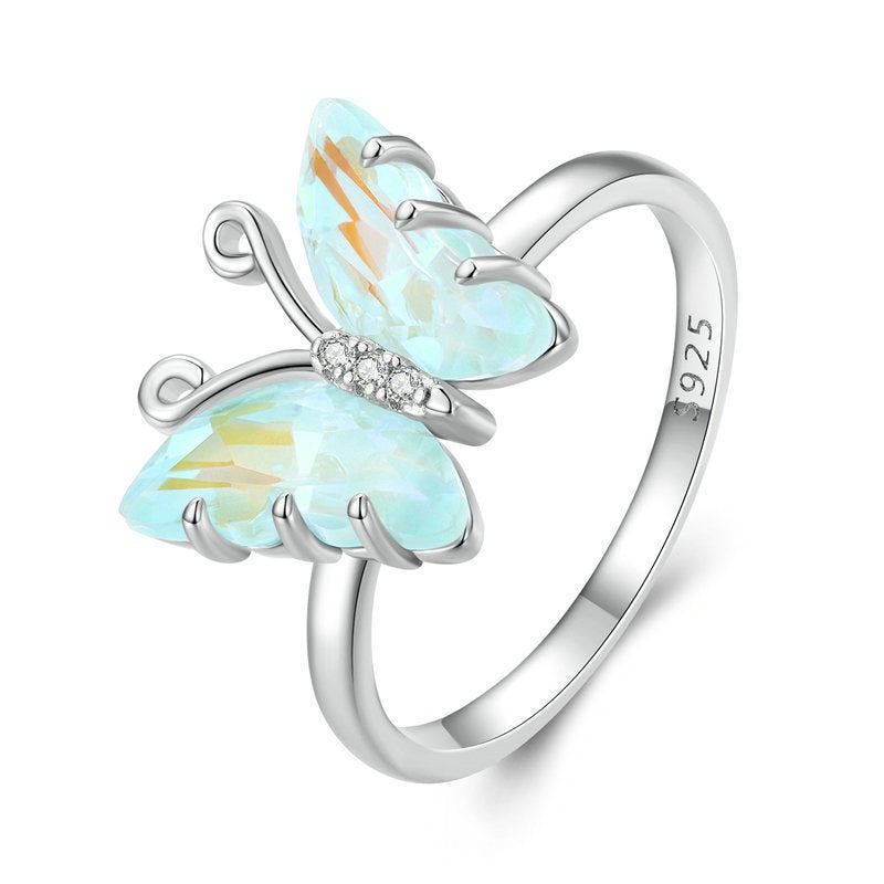 Original Design S925 Sterling Silver Iridescent Butterfly Crystal Ring Female - 0 - Bijou Her -  -  - 