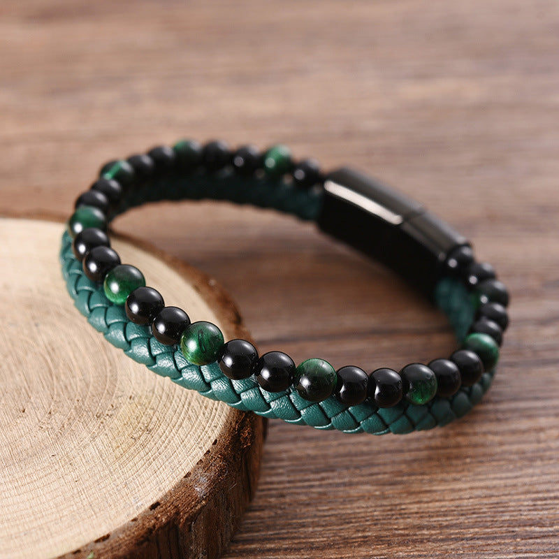 Men's Personality Stainless Steel Leather Bracelet Green Beads Braided Bracelet - 0 - Bijou Her -  -  - 