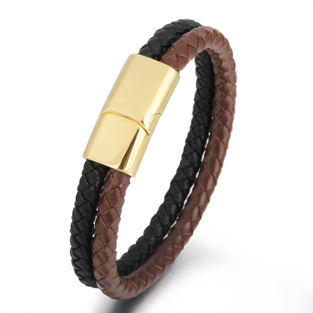 Vintage Men's Cowhide String Leather Woven Multi-layer Bracelet Stainless Steel Magnetic Snap - 0 - Bijou Her -  -  - 