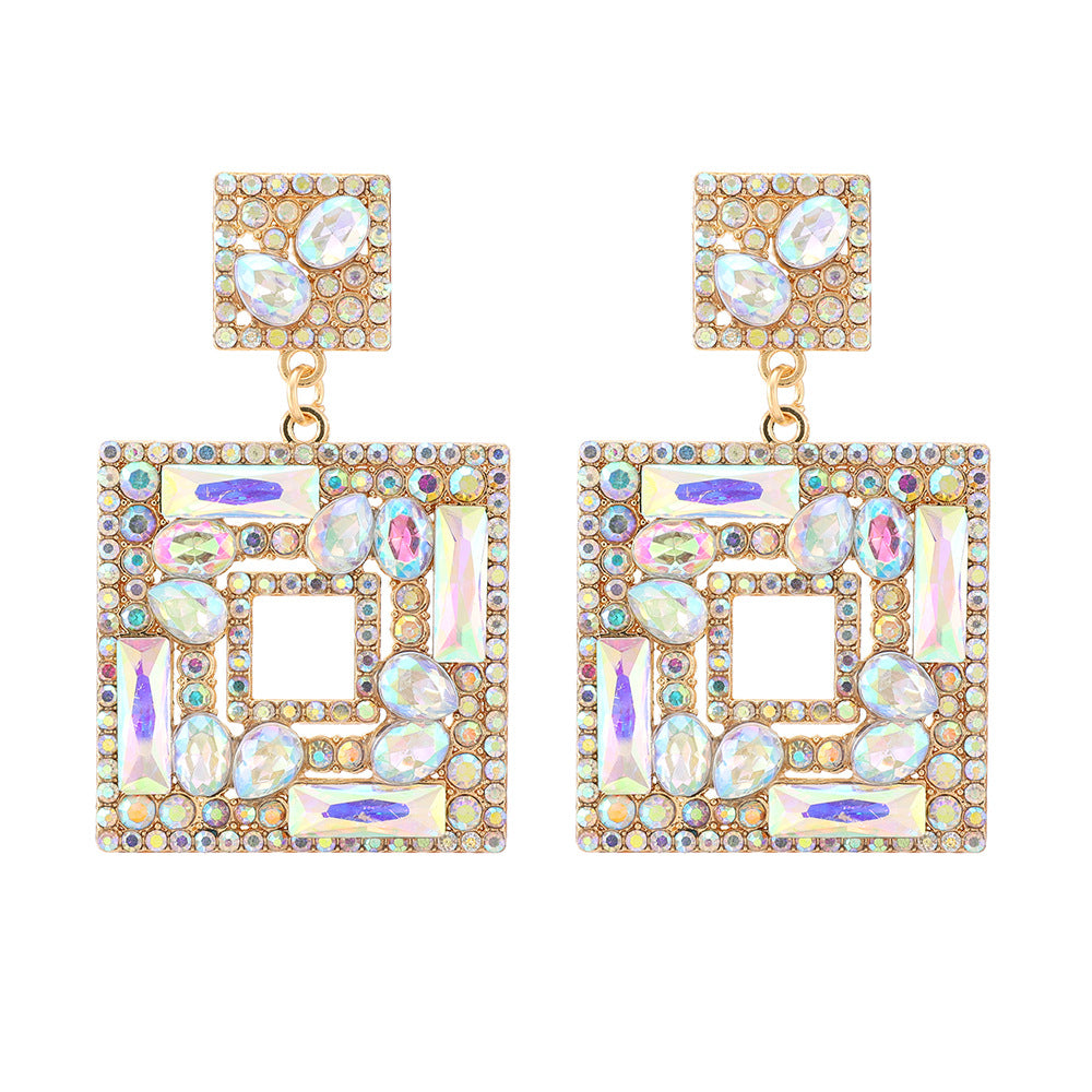 Large Plate Square Rhinestone-encrusted Stud Earrings Trendy Fashion Ornament - 0 - Bijou Her - Color -  - 