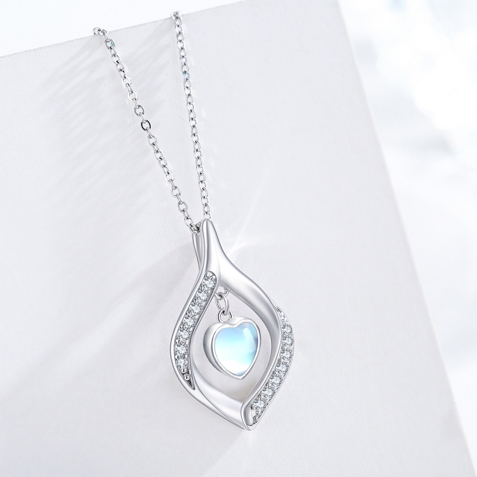 Love Heart Moonstone Pendant Necklace with Cubic Zircon in 925 Sterling Silver - 5 - Bijou Her -  -  - 