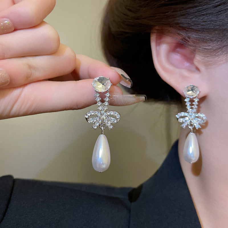 S925 Silver Needle With Diamond Bow Pearl Tower Earrings Female - 0 - Bijou Her -  -  - 