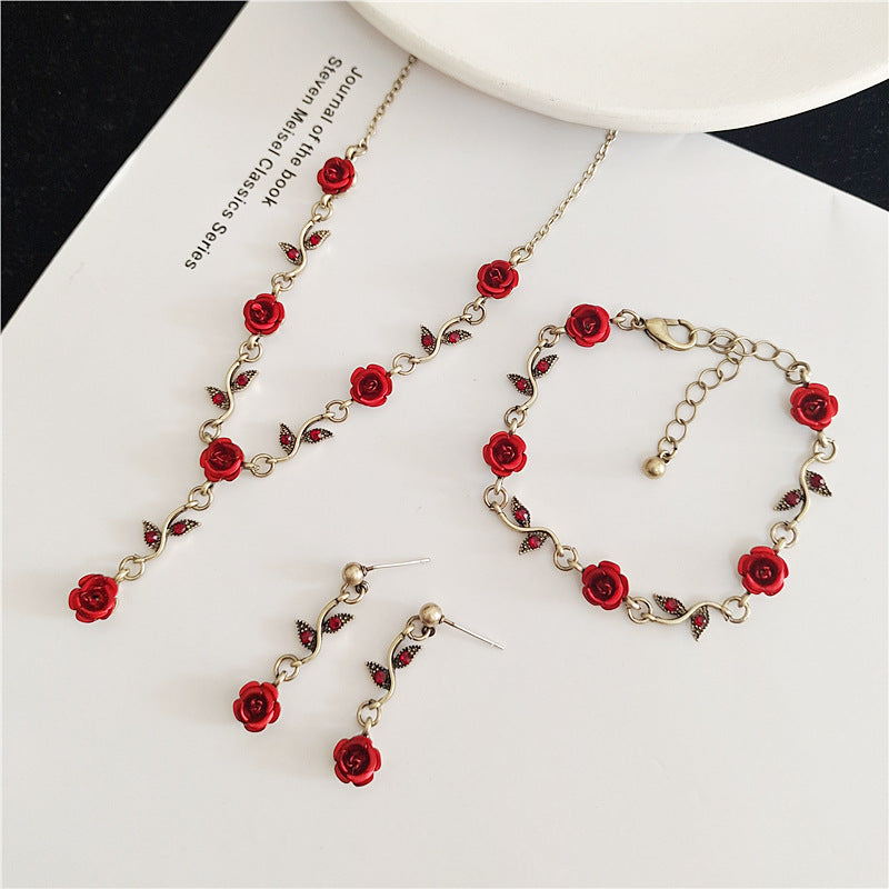 Women's Fashion Vintage Rose Flower Bracelet Necklace Earrings Set - 0 - Bijou Her -  -  - 