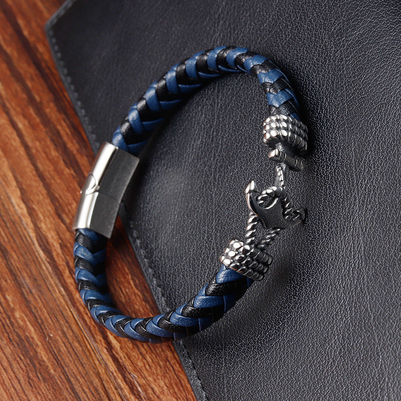 Mens Titanium Steel Bracelet Leather Braided Anchor - 0 - Bijou Her -  -  - 