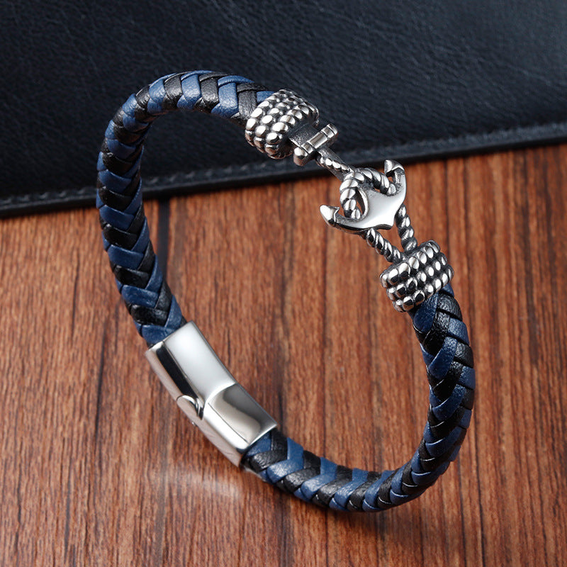 Mens Titanium Steel Bracelet Leather Braided Anchor - 0 - Bijou Her -  -  - 