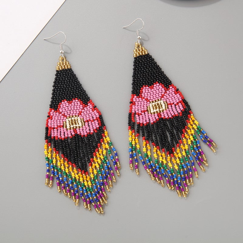 Long Bohemian Flower Tassel Earrings - 0 - Bijou Her -  -  - 