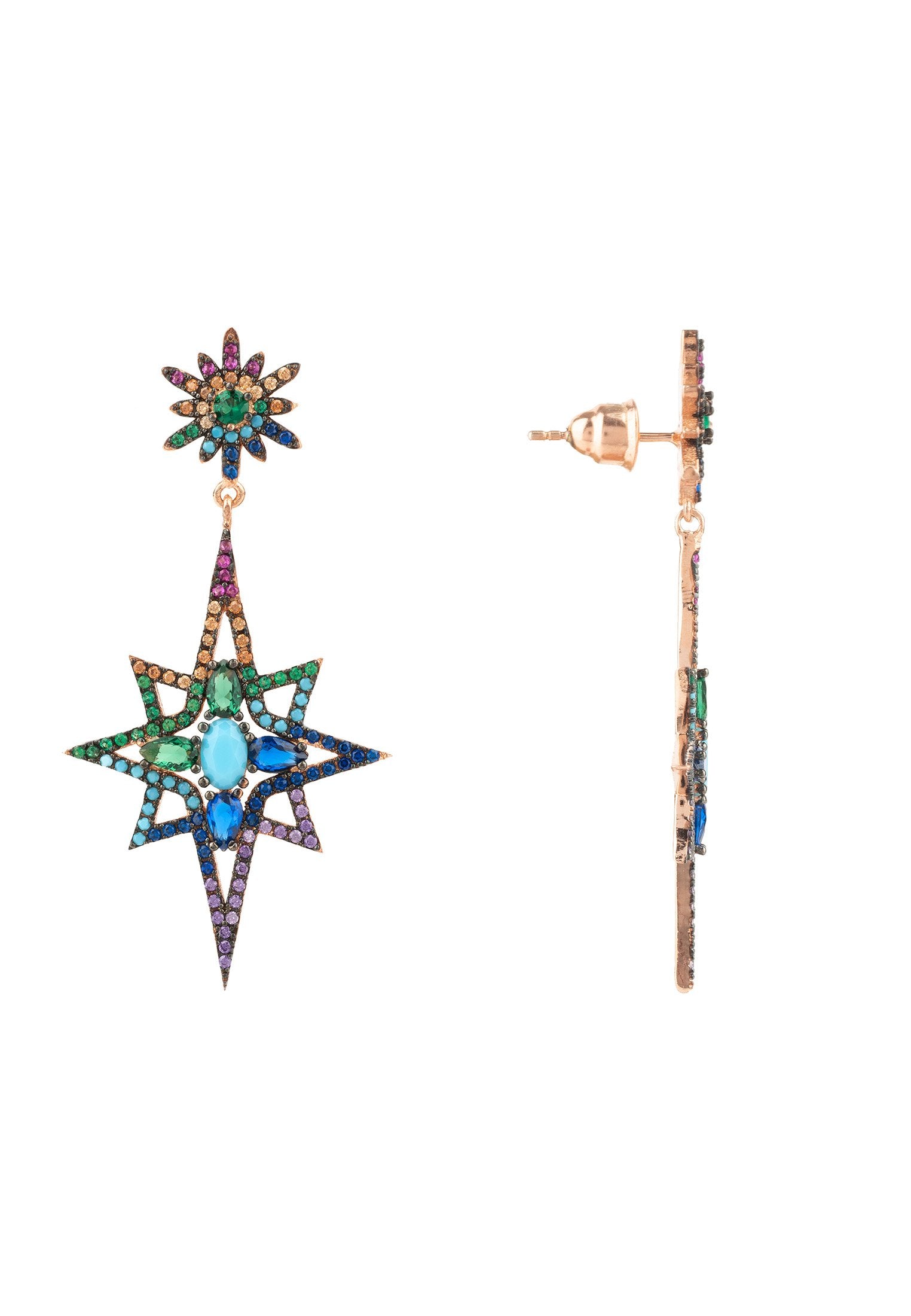 Rainbow Zircon Northern Star Burst Earrings in Rosegold - 925 Sterling Silver Jewelry for Celebrations and Weddings - Jewelry & Watches - Bijou Her -  -  - 
