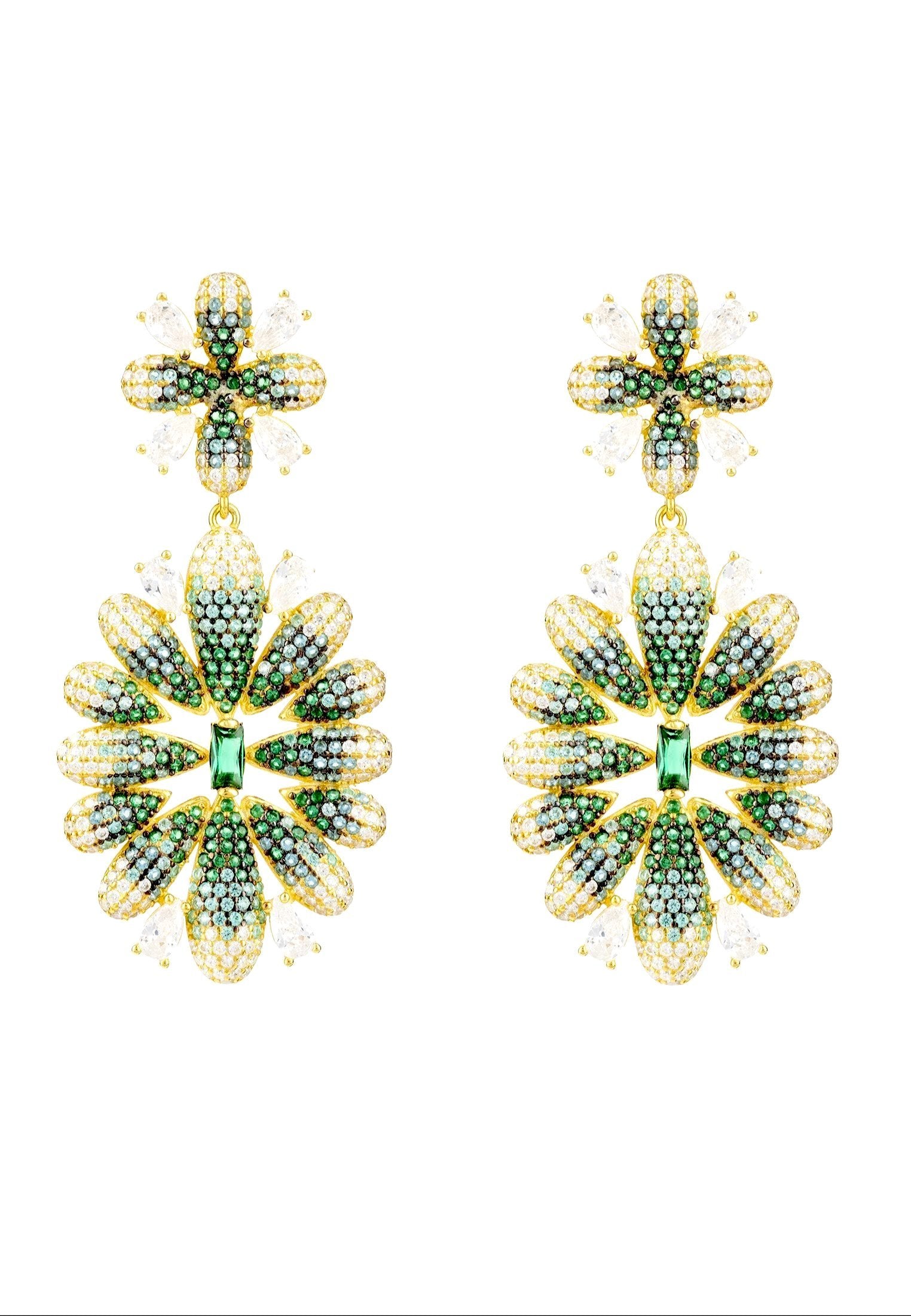 Luxurious Babylon Flower Statement Earrings in Gold and Green Gemstones - Perfect for Bridal and Evening Wear - Jewelry & Watches - Bijou Her -  -  - 
