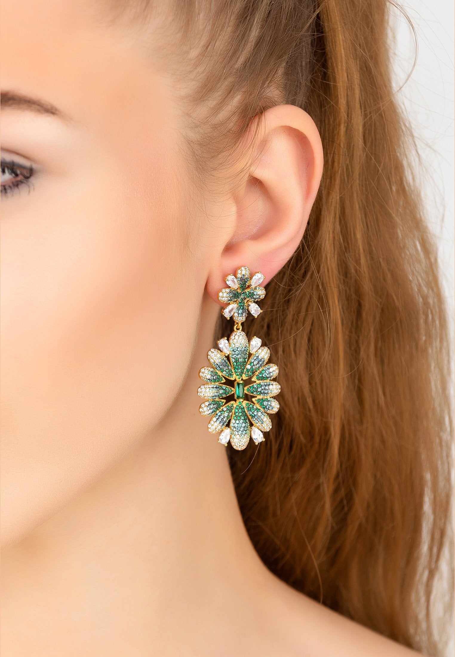 Luxurious Babylon Flower Statement Earrings in Gold and Green Gemstones - Perfect for Bridal and Evening Wear - Jewelry & Watches - Bijou Her -  -  - 