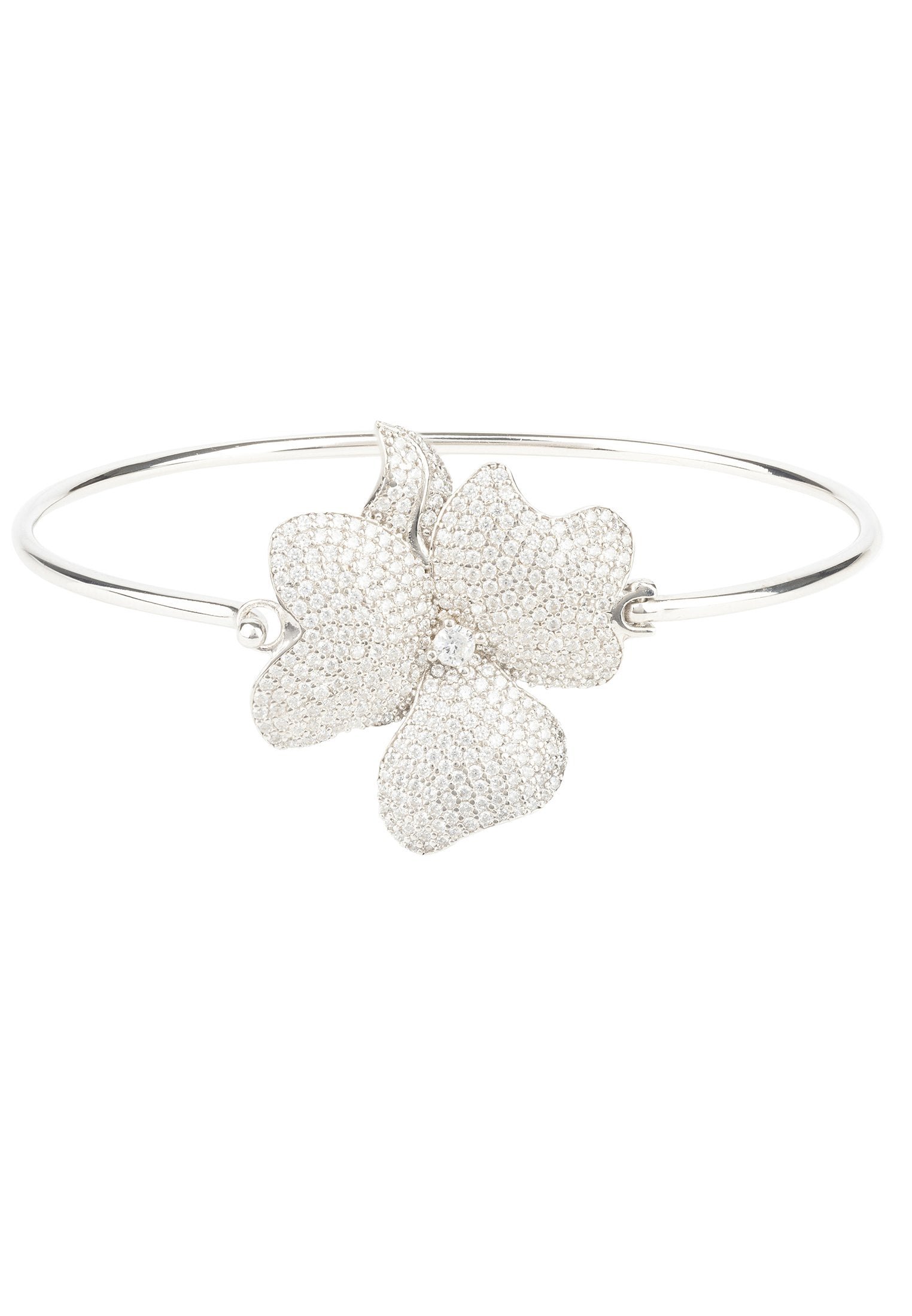 Sterling Silver Flower Statement Bangle with Cubic Zirconia Encrusted Motif - Jewelry & Watches - Bijou Her -  -  - 