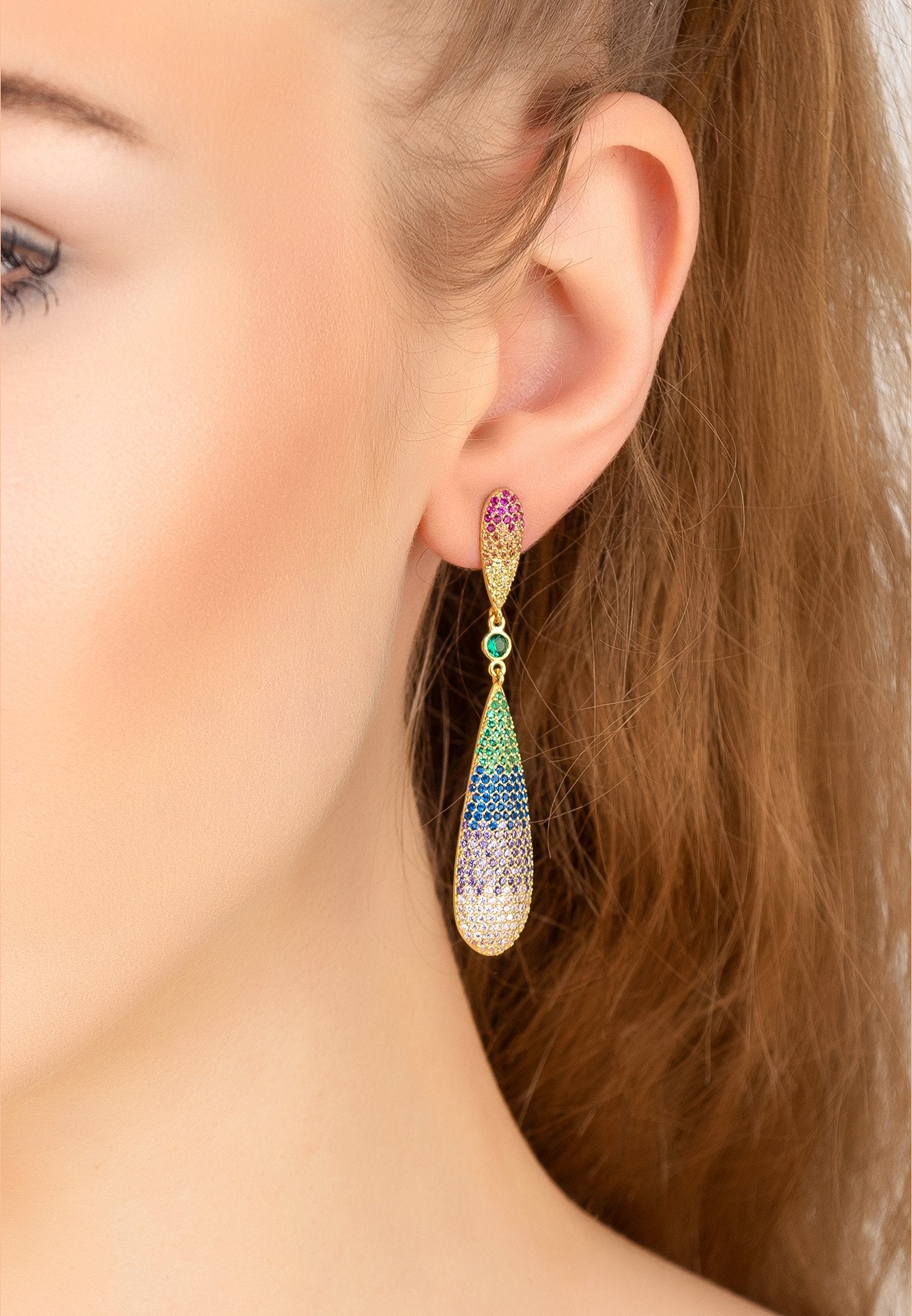 Rainbow Gold Long Drop Earrings with Multi-Coloured Zirconia in Sterling Silver - Jewelry & Watches - Bijou Her -  -  - 