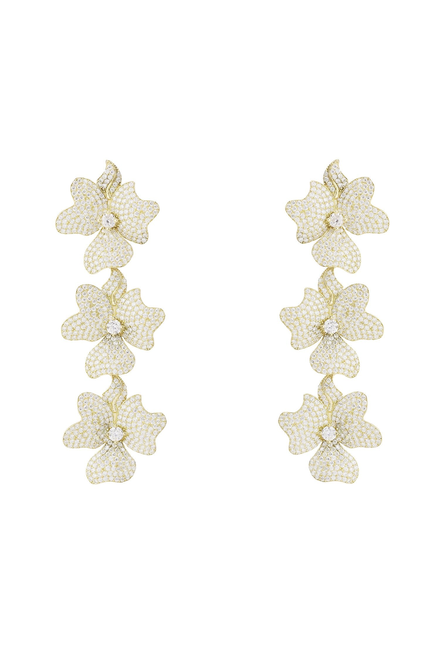 Gold Triple Flower Drop Earrings with Cubic Zirconia - Perfect for Bridal and Evening Wear - Jewelry & Watches - Bijou Her -  -  - 