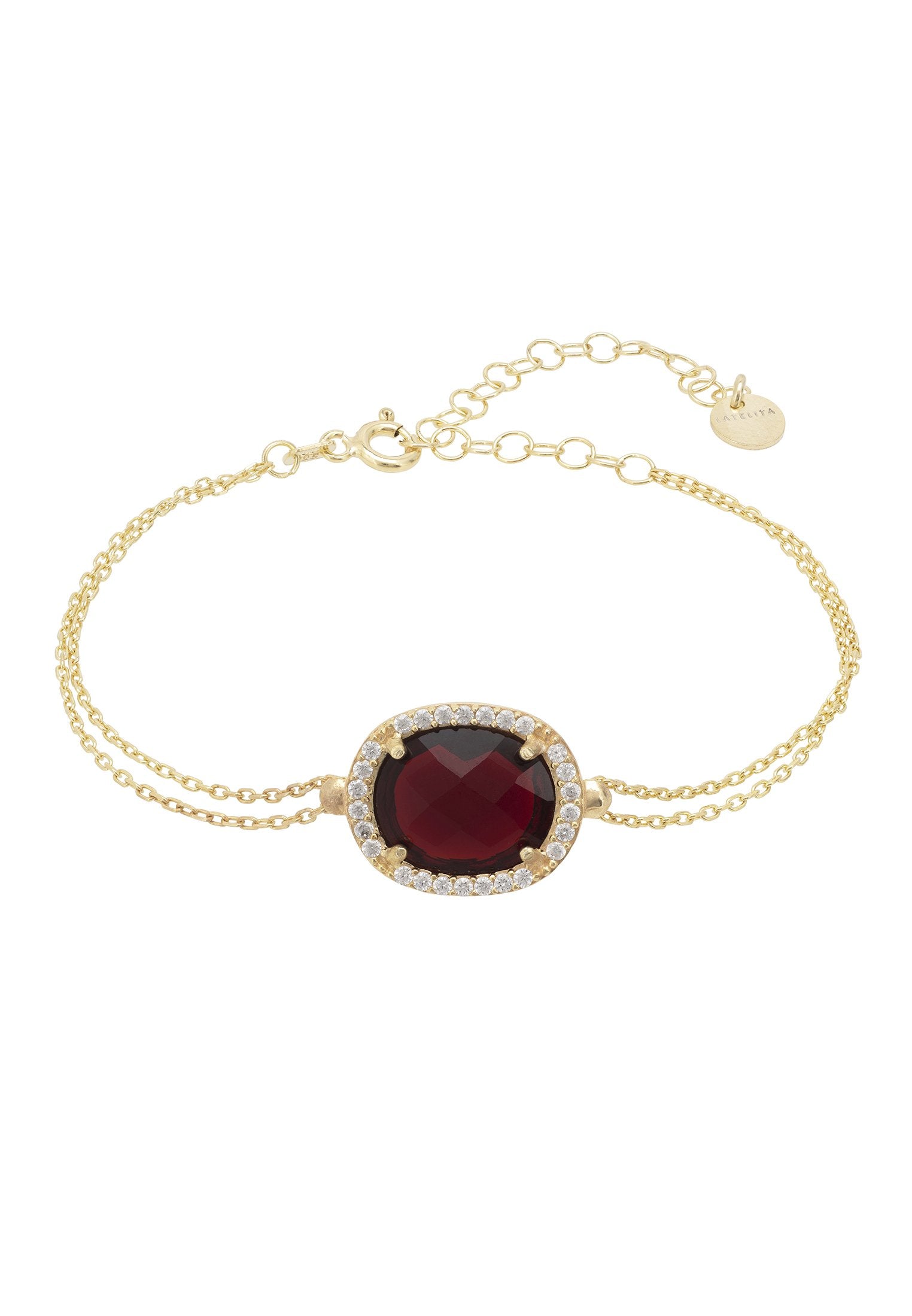 Regal Oval Gemstone Double Chain Bracelet with Garnet and CZ Detailing in Gold - Ideal for Evening Attire - Jewelry & Watches - Bijou Her -  -  - 