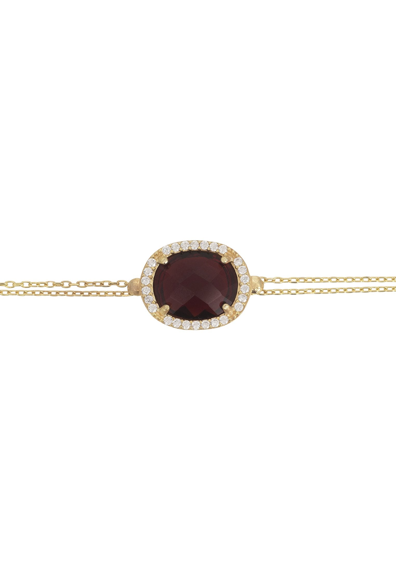 Regal Oval Gemstone Double Chain Bracelet with Garnet and CZ Detailing in Gold - Ideal for Evening Attire - Jewelry & Watches - Bijou Her -  -  - 