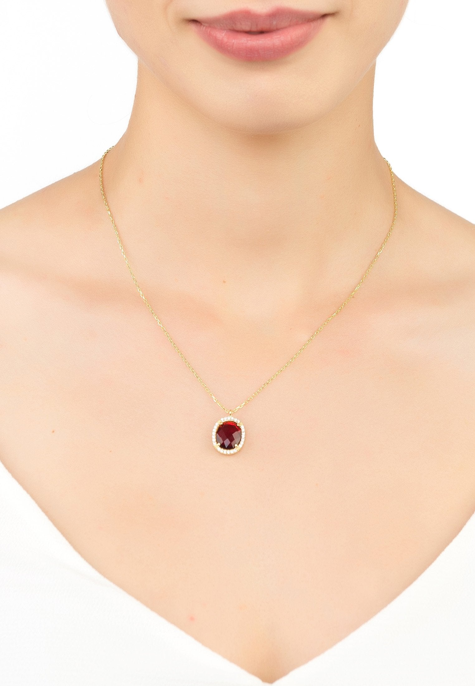 Regal Oval Garnet Pendant Necklace with CZ Detailing in Gold - Jewelry & Watches - Bijou Her -  -  - 