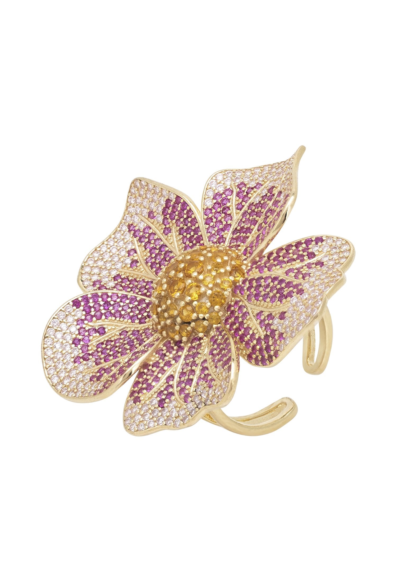 Pink Pansy Flower Cocktail Ring with Cubic Zirconia in Gold Plated Sterling Silver - Ideal Gift for Loved Ones - Jewelry & Watches - Bijou Her -  -  - 