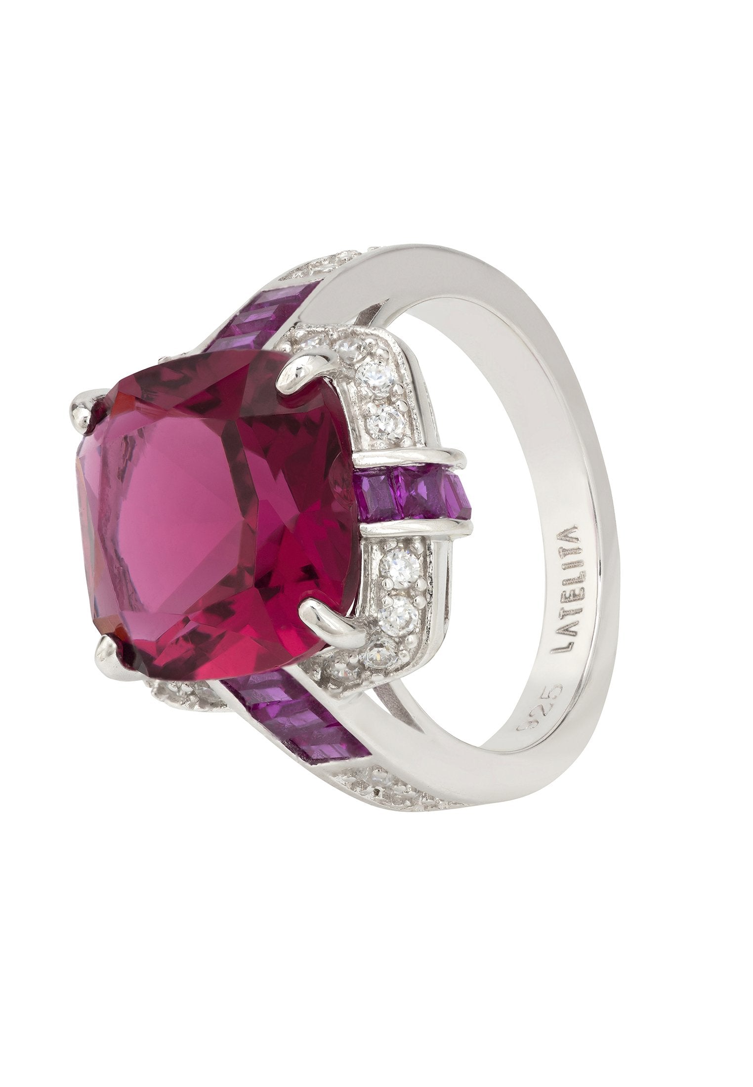 Windsor Silver Ring with Cushion Cut Rubies and Zircons - Perfect Statement Jewelry for July Birthdays - Jewelry & Watches - Bijou Her -  -  - 