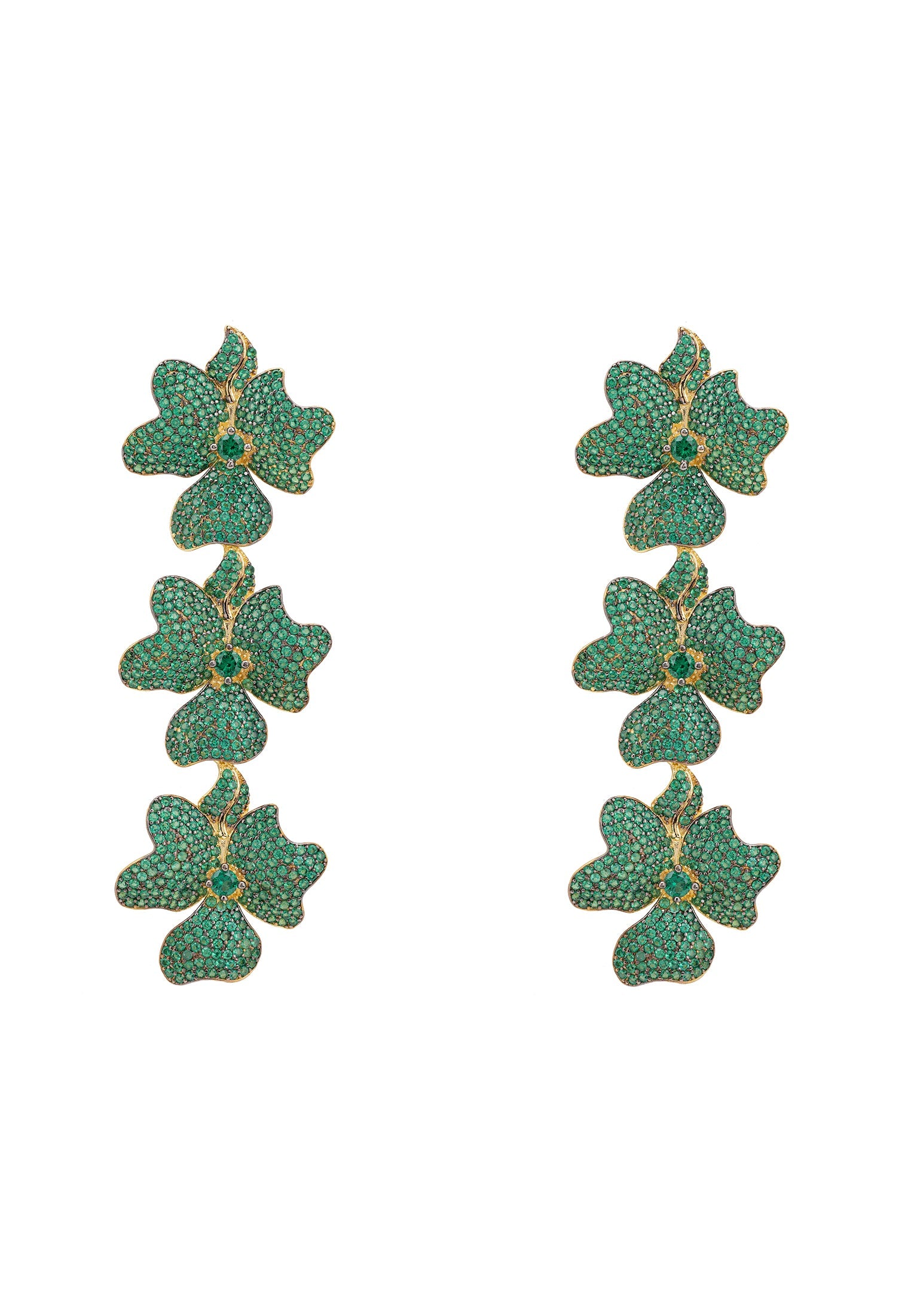 Gold Triple Drop Flower Earrings with Emerald Green Cubic Zirconia - Perfect for Weddings and Black Tie Events - Jewelry & Watches - Bijou Her -  -  - 