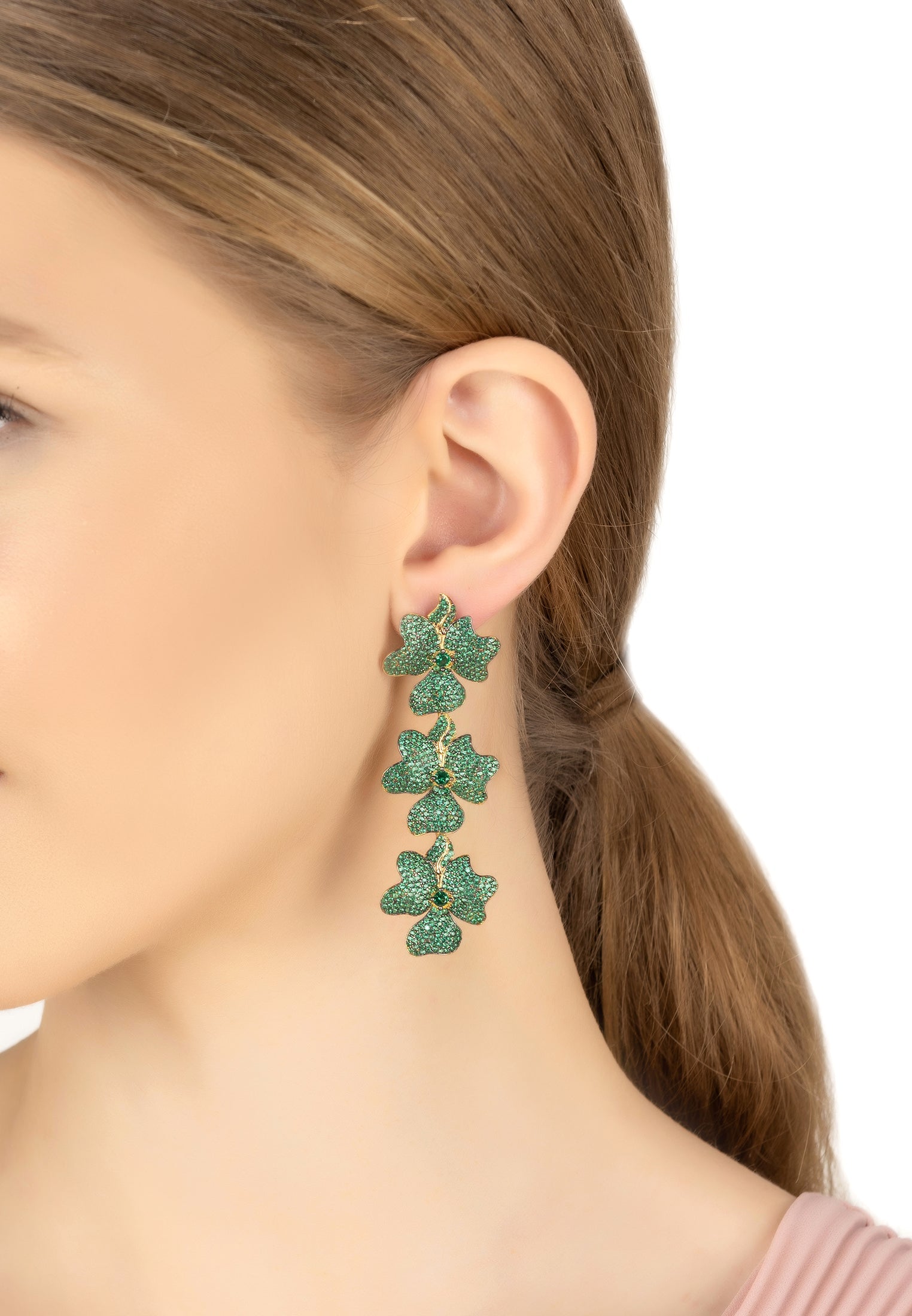 Gold Triple Drop Flower Earrings with Emerald Green Cubic Zirconia - Perfect for Weddings and Black Tie Events - Jewelry & Watches - Bijou Her -  -  - 