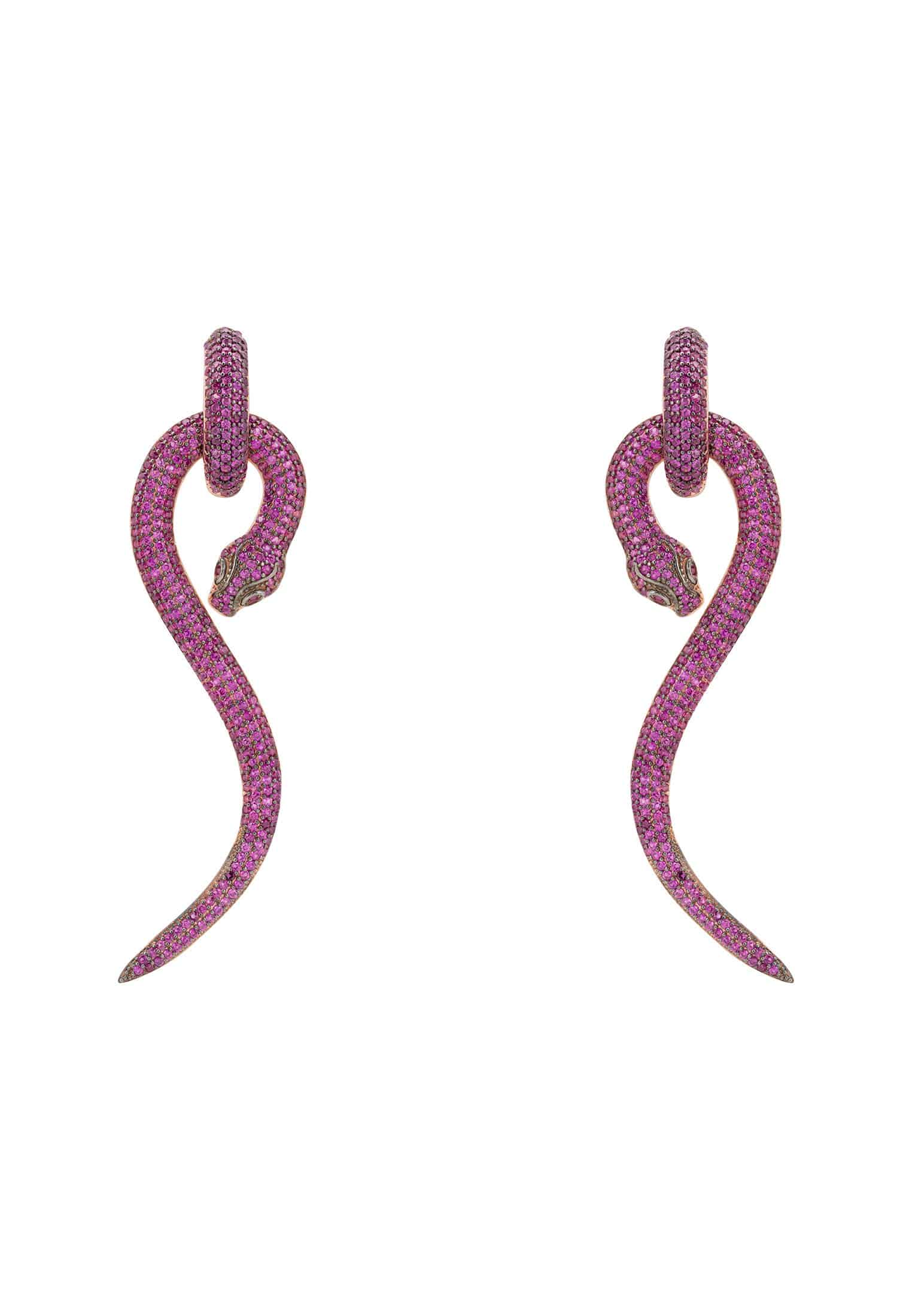 Rosegold Anaconda Snake Drop Earrings with Ruby CZ Stones - Animal Inspired Jewelry for Day to Night - Jewelry & Watches - Bijou Her -  -  - 
