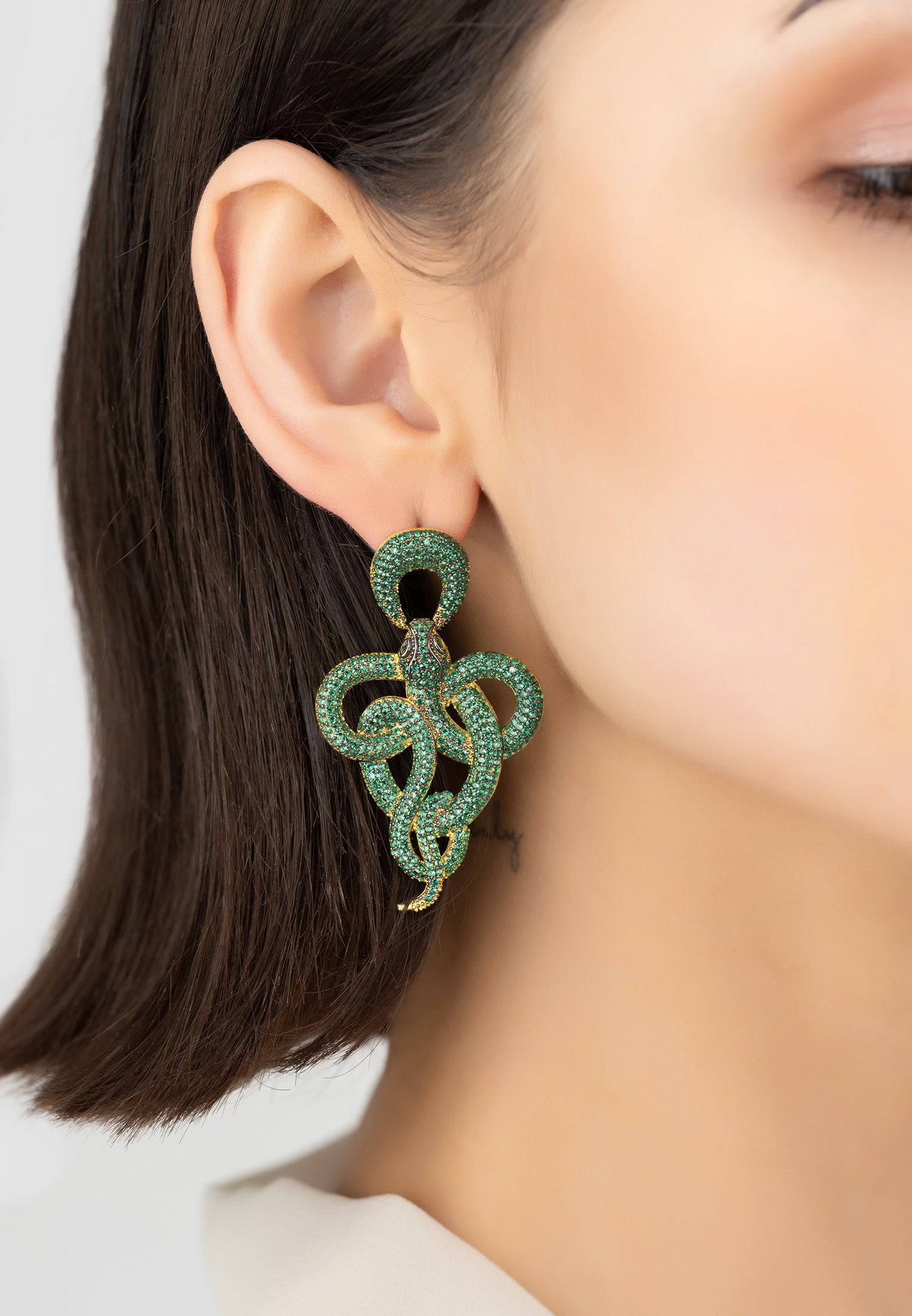 Gold Viper Snake Drop Earrings with Emerald CZ Stones - Animal Inspired Jewelry for Day and Night - Jewelry & Watches - Bijou Her -  -  - 