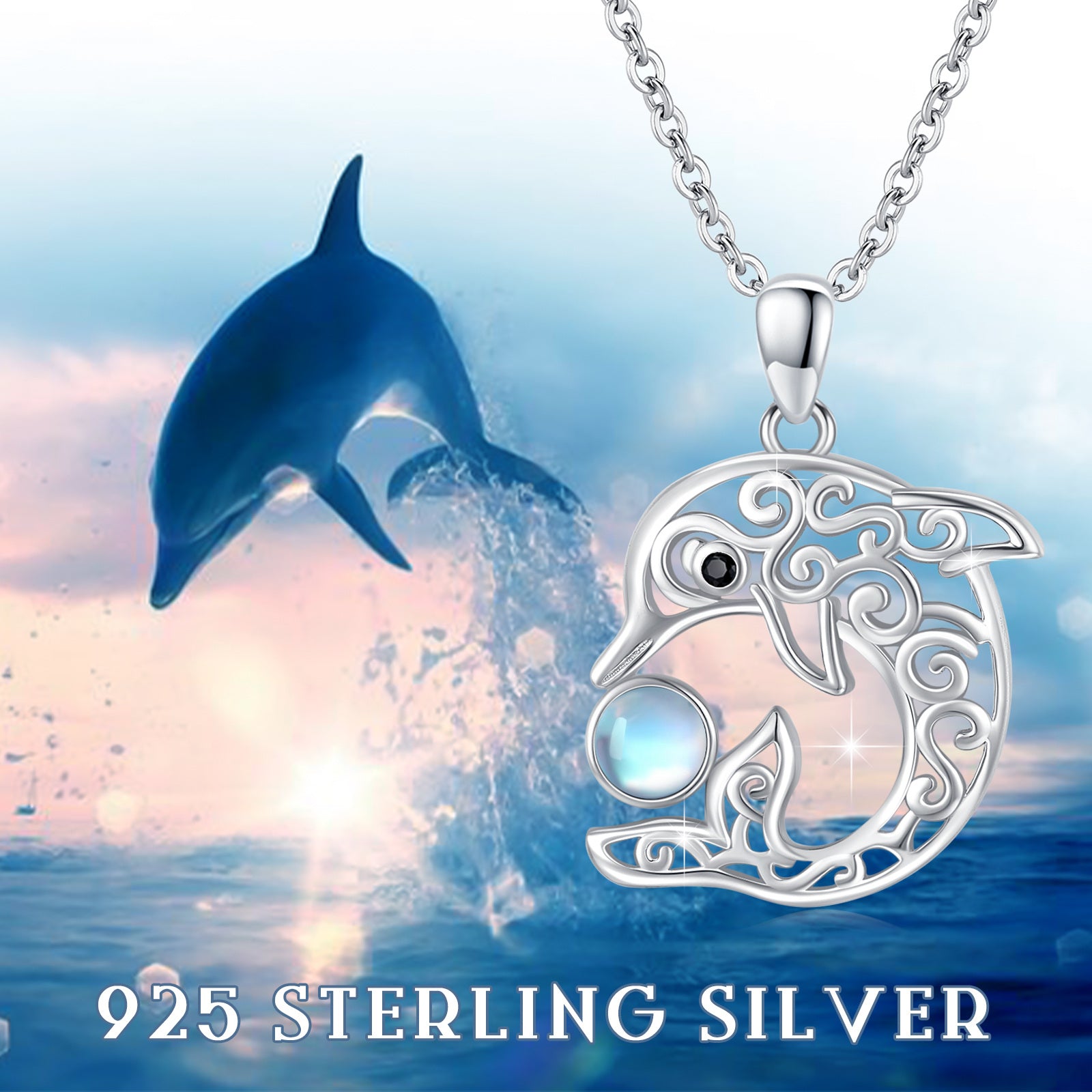 Moonstone Celtic Dolphin Pendant Necklace in 925 Sterling Silver - 5 - Bijou Her -  -  - 