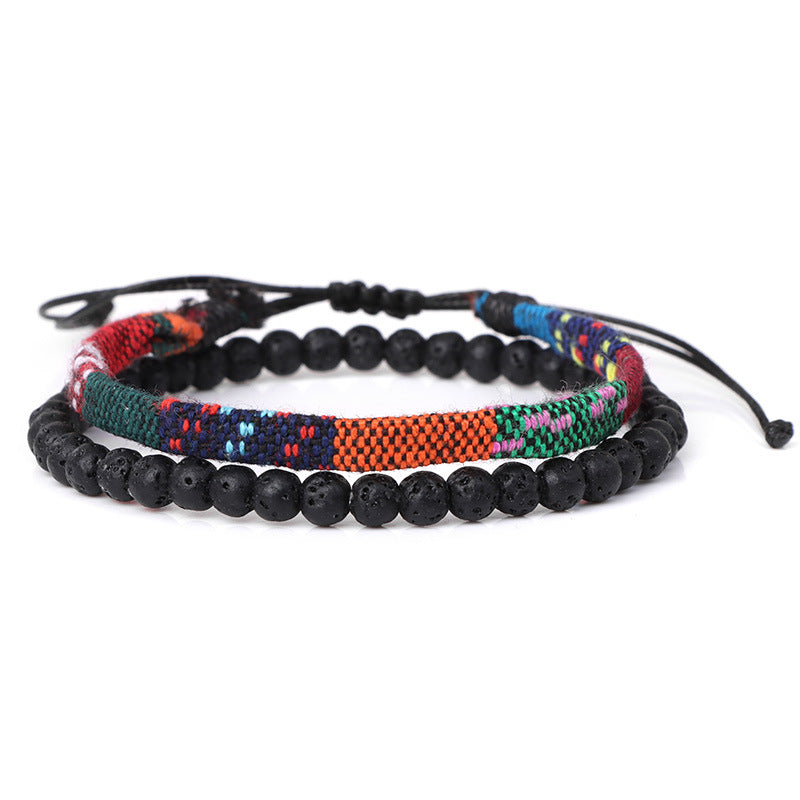 Men's Lava Volcanic Rock Bohemian Woven Bracelet Combination - 0 - Bijou Her - Color -  - 