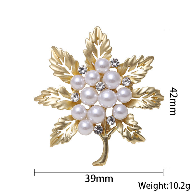 Leaves Matte Brooch Electroplated Pearl Fashion Retro Rhinestone Pin - 0 - Bijou Her -  -  - 