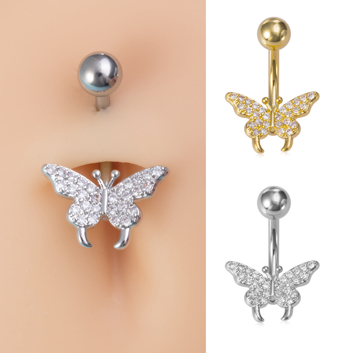 Stainless Steel Navel Ring Butterfly Zircon Body Piercing Ornament - 0 - Bijou Her -  -  - 