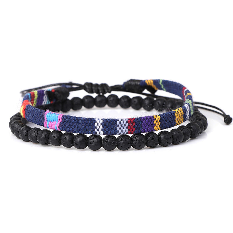 Men's Lava Volcanic Rock Bohemian Woven Bracelet Combination - 0 - Bijou Her - Color -  - 