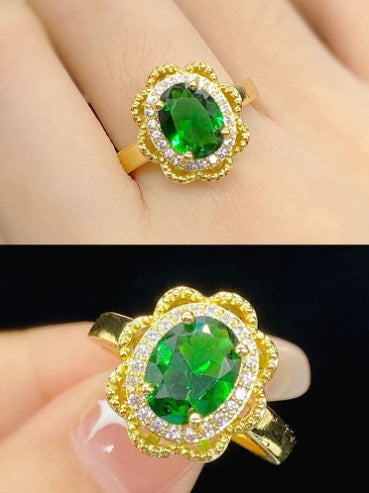 Hollowed Out Flower Shape Simulation Emerald Tourmaline Color Treasure Ring Female Yellow Gold - 0 - Bijou Her -  -  - 