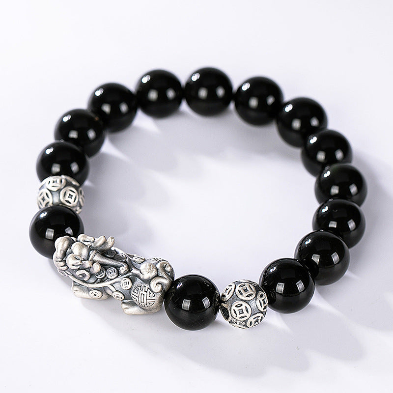 S925 Sterling Silver Obsidian Pixiu Bracelet Plain Silver Versatile Personality - 0 - Bijou Her - Color - Dimensions - 