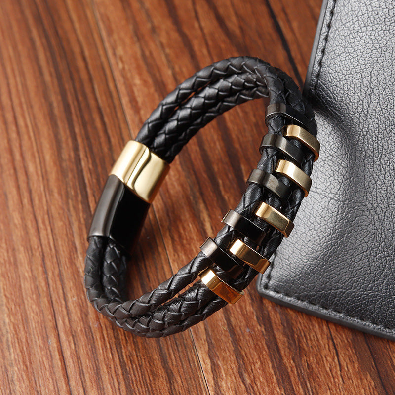 Stainless Steel Leather Woven Bracelet - 0 - Bijou Her -  -  - 