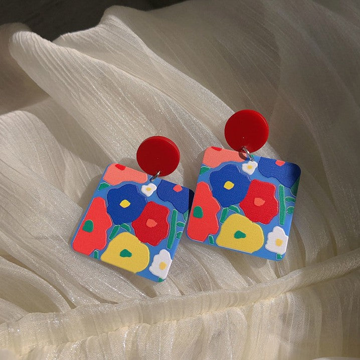 Oil Painting Style Colorful Flower Earrings - 0 - Bijou Her - Color -  - 