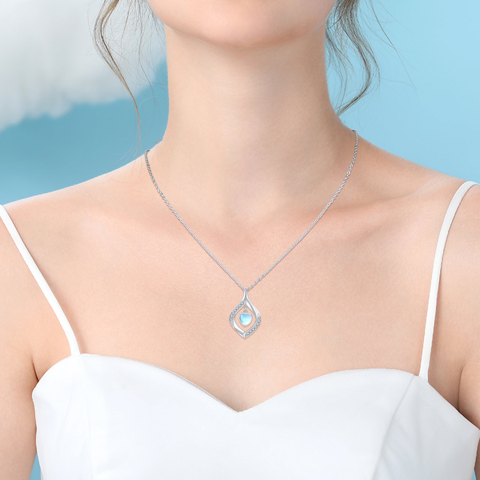 Love Heart Moonstone Pendant Necklace with Cubic Zircon in 925 Sterling Silver - 5 - Bijou Her -  -  - 