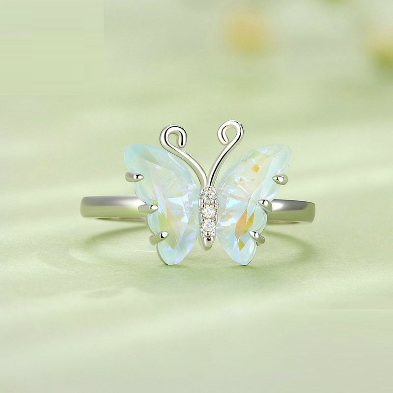 Original Design S925 Sterling Silver Iridescent Butterfly Crystal Ring Female - 0 - Bijou Her -  -  - 